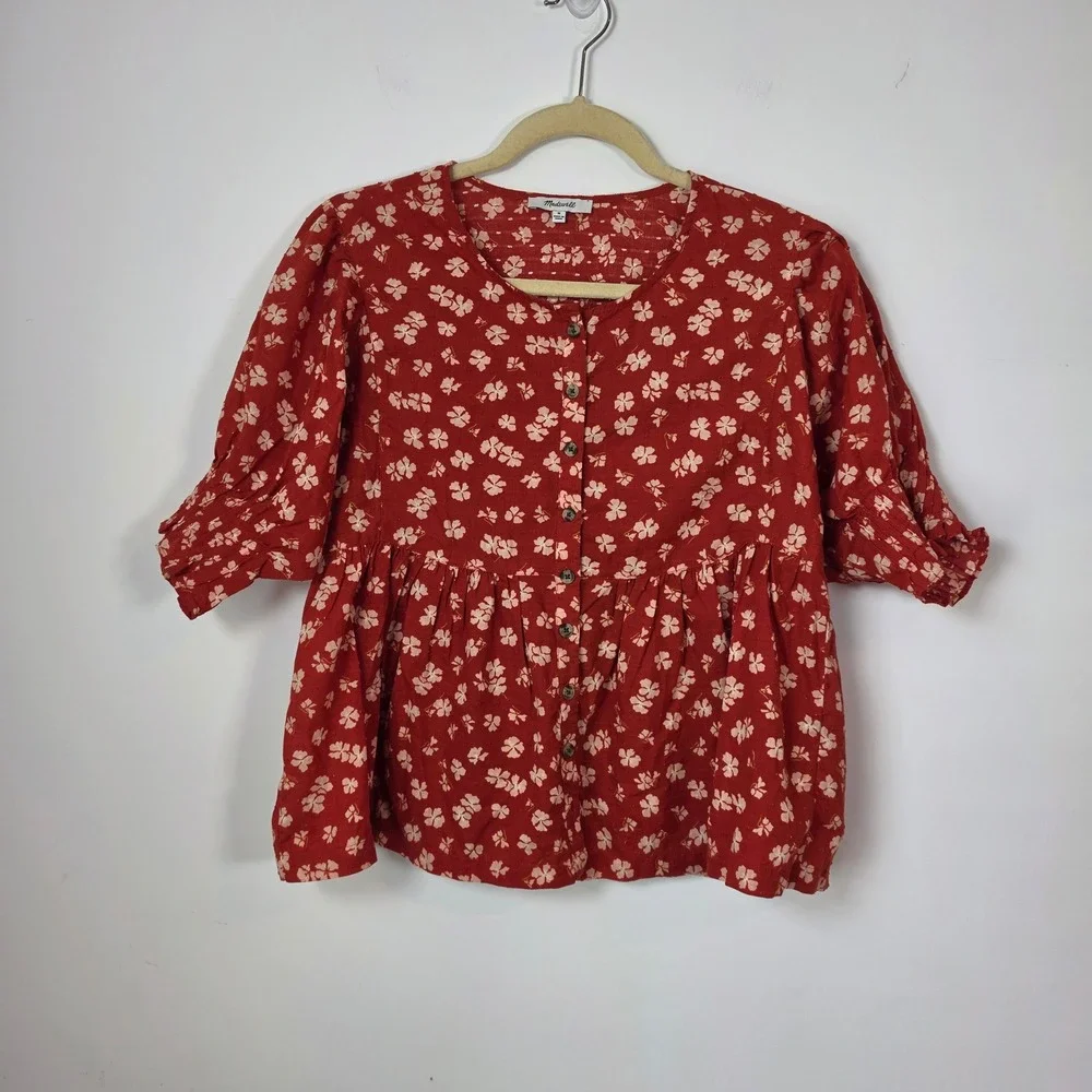 Madewell Red Floral Clip Dot Peplum Blouse Short Puff Sleeve Button Front Top M